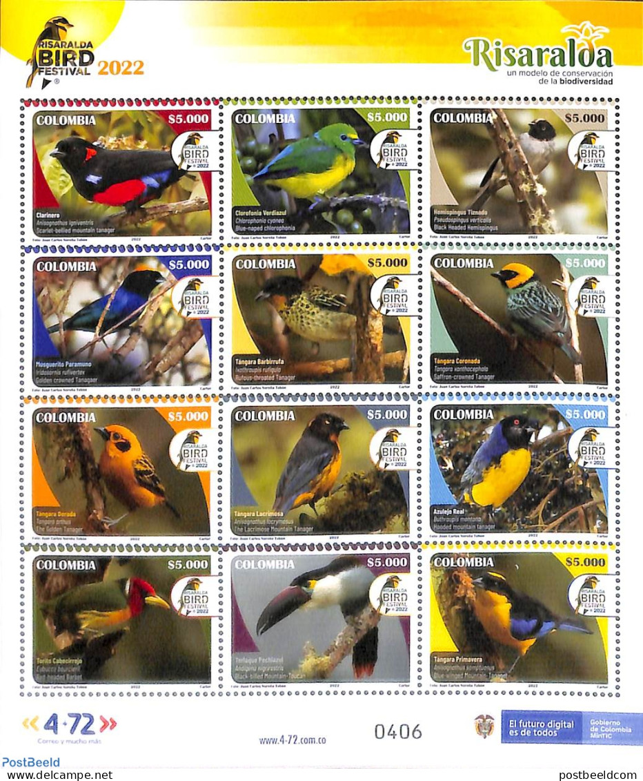 Colombia 2022 Birds 12v M/s, Mint NH, Nature - Birds - Toucans - Colombie