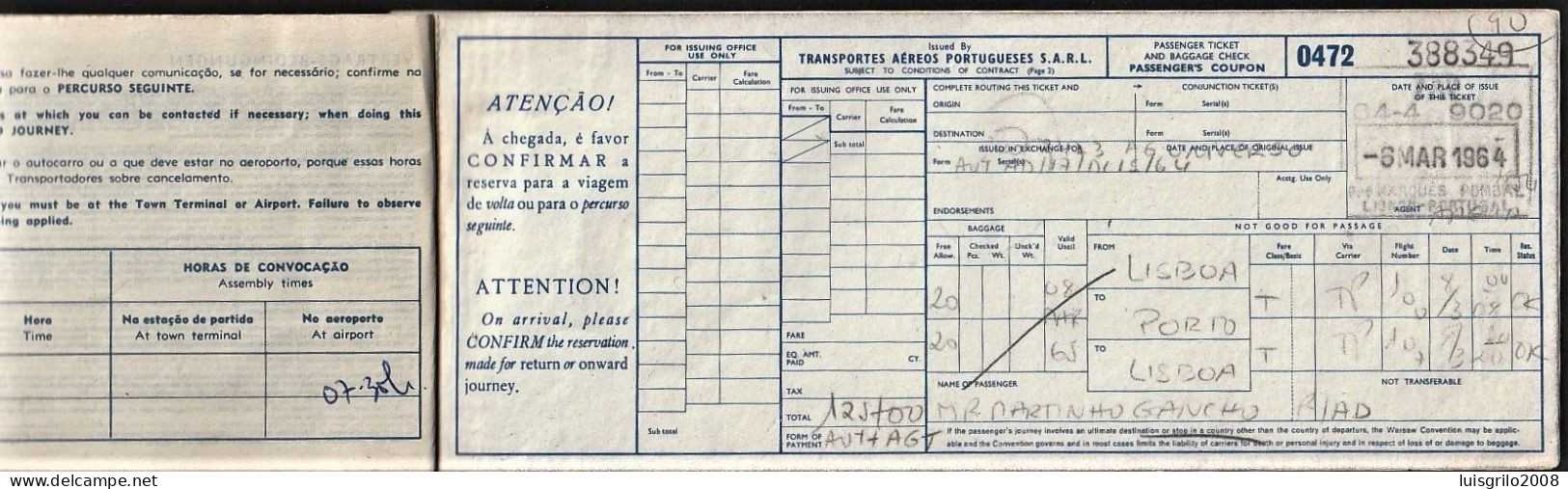 Billet D'Avion/ Airplane Ticket, 1964 - TAP Transportes Aéreos Portugueses -|- Lisboa-Porto-Lisboa - Europa