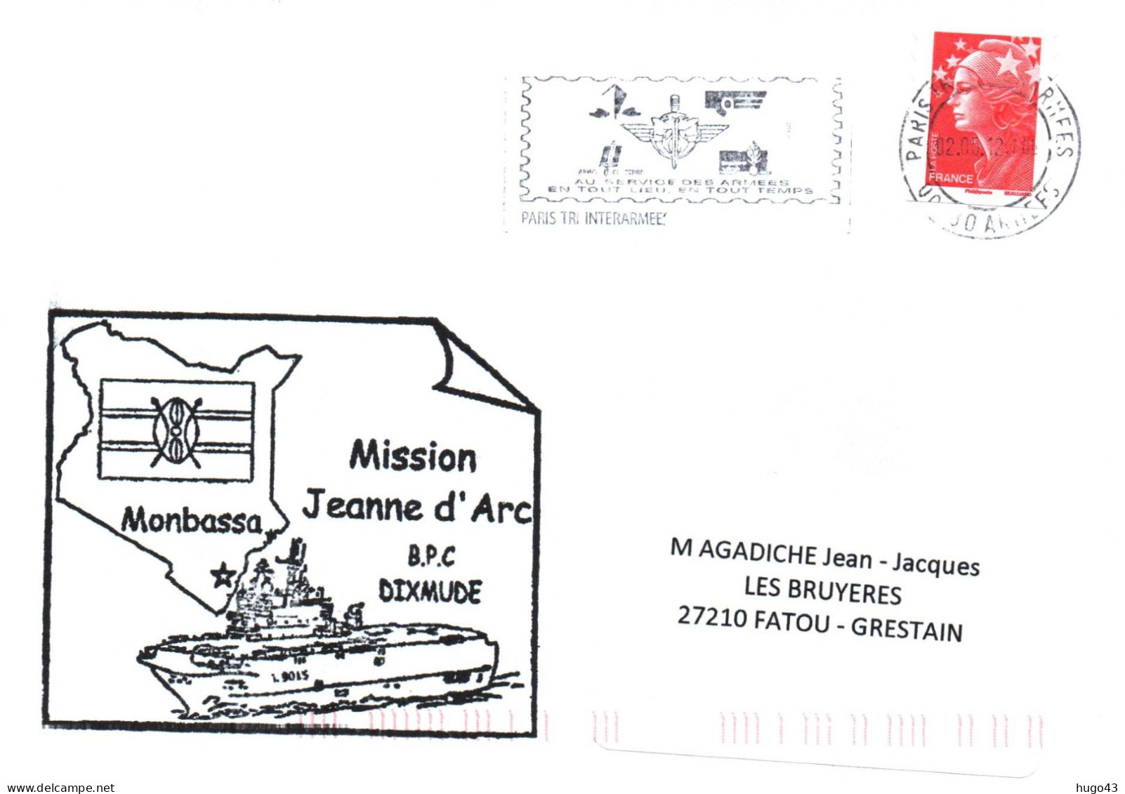 ENVELOPPE AVEC CACHET BPC DIXMUDE - MISSION JEANNE D' ARC 2012 - ESCALE A MONBASSA - LE 02/05/2012 - Seepost