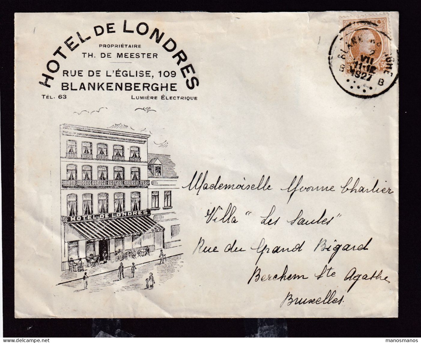 221/41 - Enveloppe Illustrée TP Houyoux BLANKENBERGHE 1927 Vers Bruxelles - Entete Hotel De Londres, Prop. De Meester - 1922-1927 Houyoux