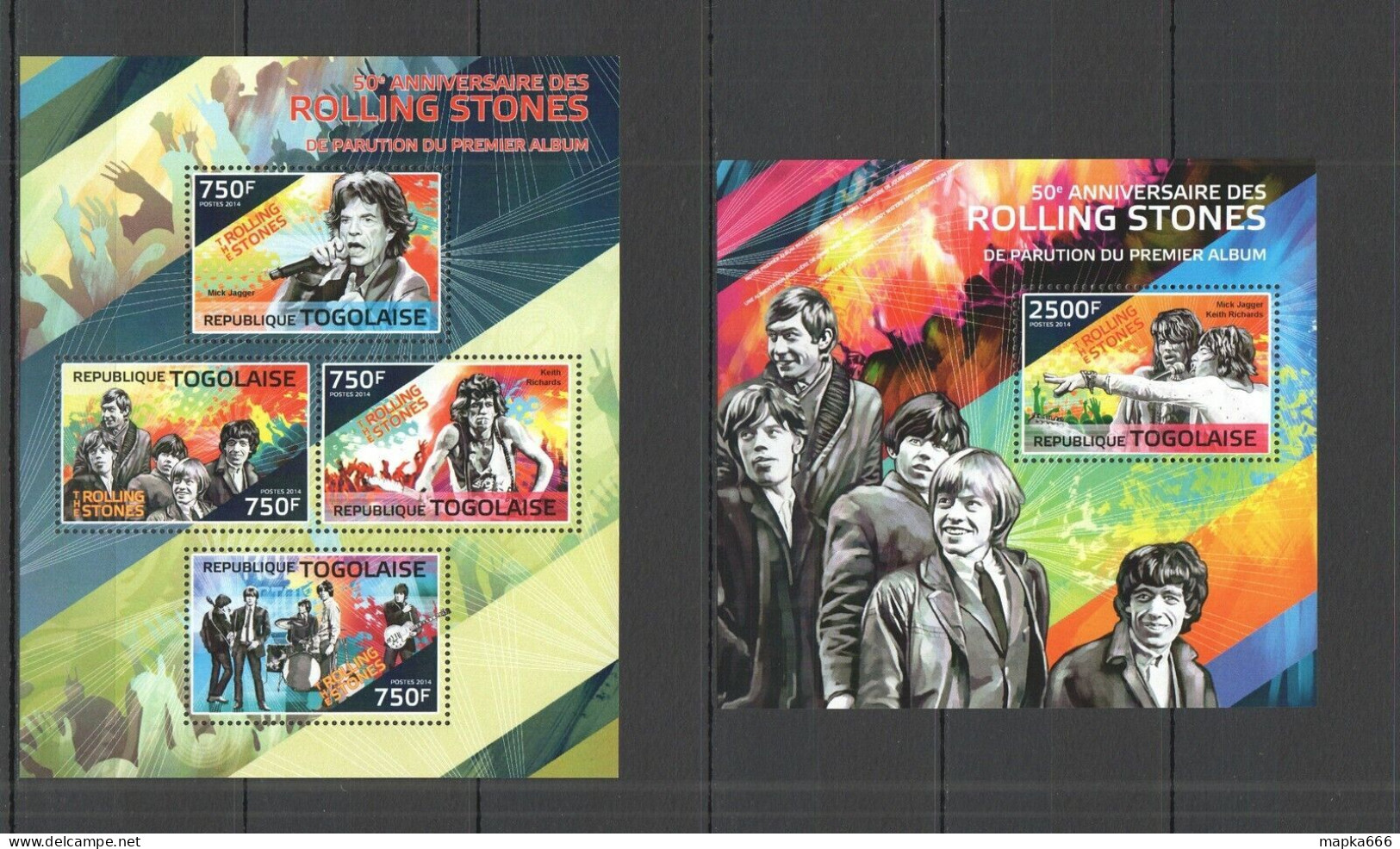 Tg482 X2 2014 Togo Music 50Th Anniversary First Album Rolling Stones 2Kb+2Bl Mnh - Music