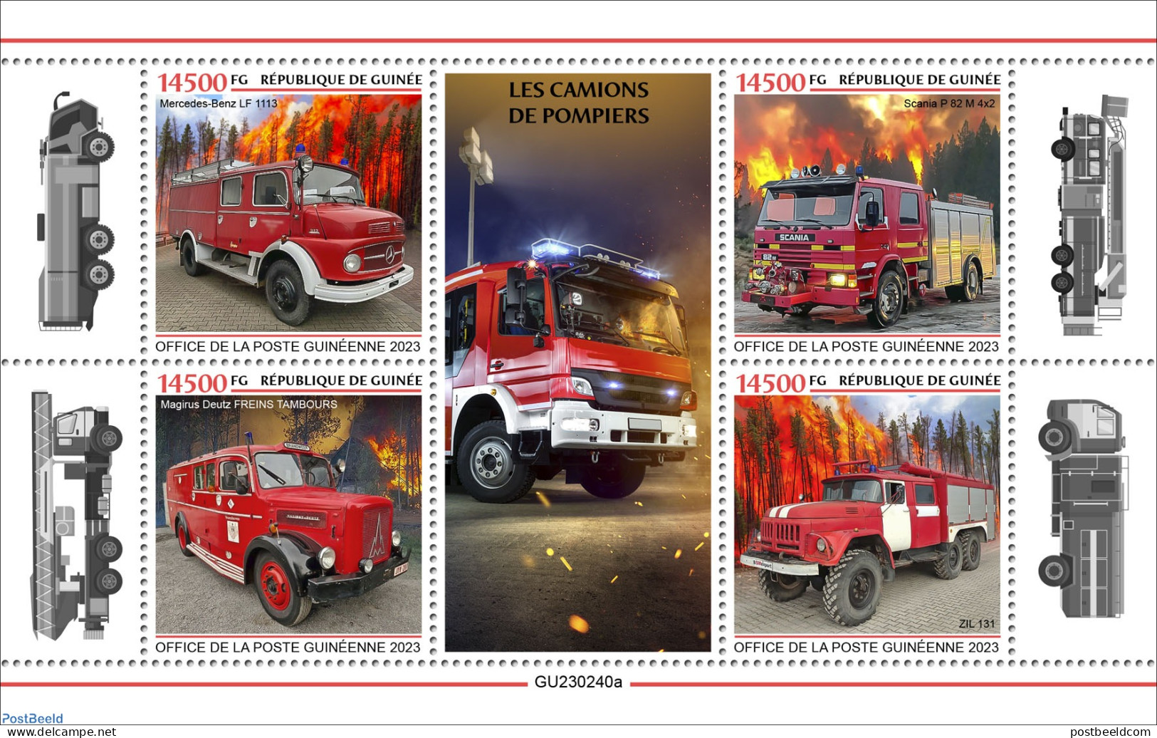 Guinea, Republic 2023 Fire Engines, Mint NH, Transport - Automobiles - Fire Fighters & Prevention - Voitures