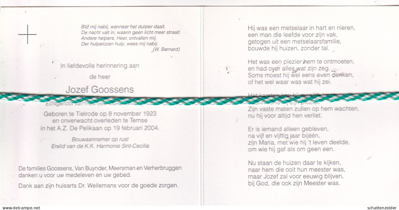 Jozef Goossens-Van Buynder, Tielrode 1923, Temse 2004. Bouwaannemer O.r. Foto - Obituary Notices