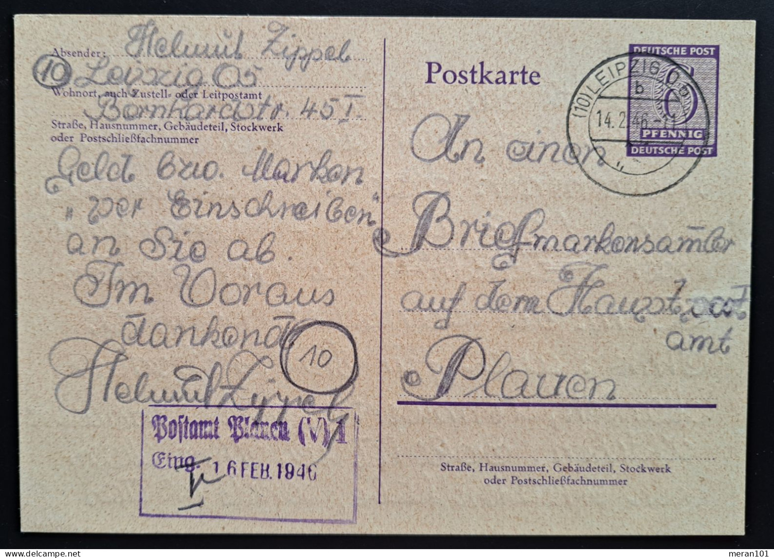 West-Sachsen 1946, Postkarte Leipzig Ans Postamt PLAUEN - Briefe U. Dokumente