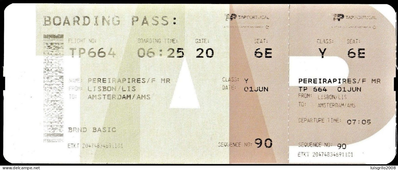 Bourding Pass -TAP Air Portugal / Lisbon To Amsterdam - Europe