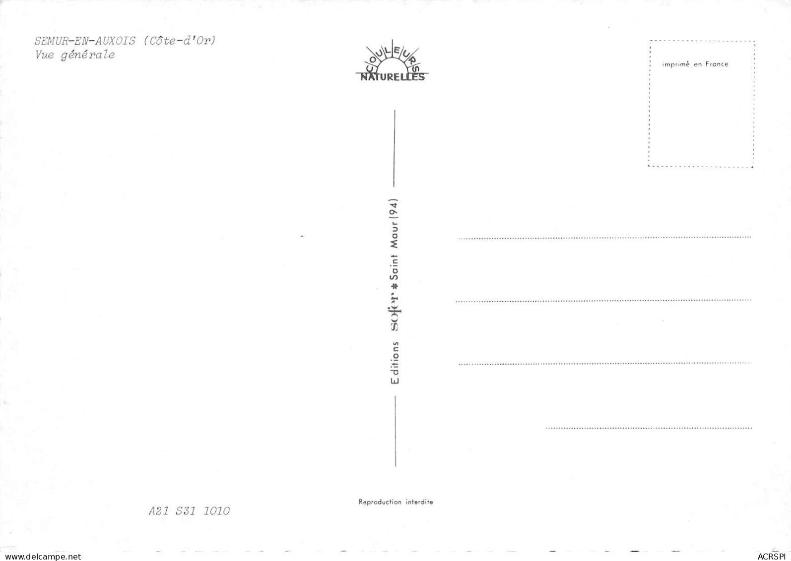 21 SEMUR EN AUXOIS Vue Générale Carte Vierge Non Circulé (Scans R/V) N° 30 \MO7015 - Semur