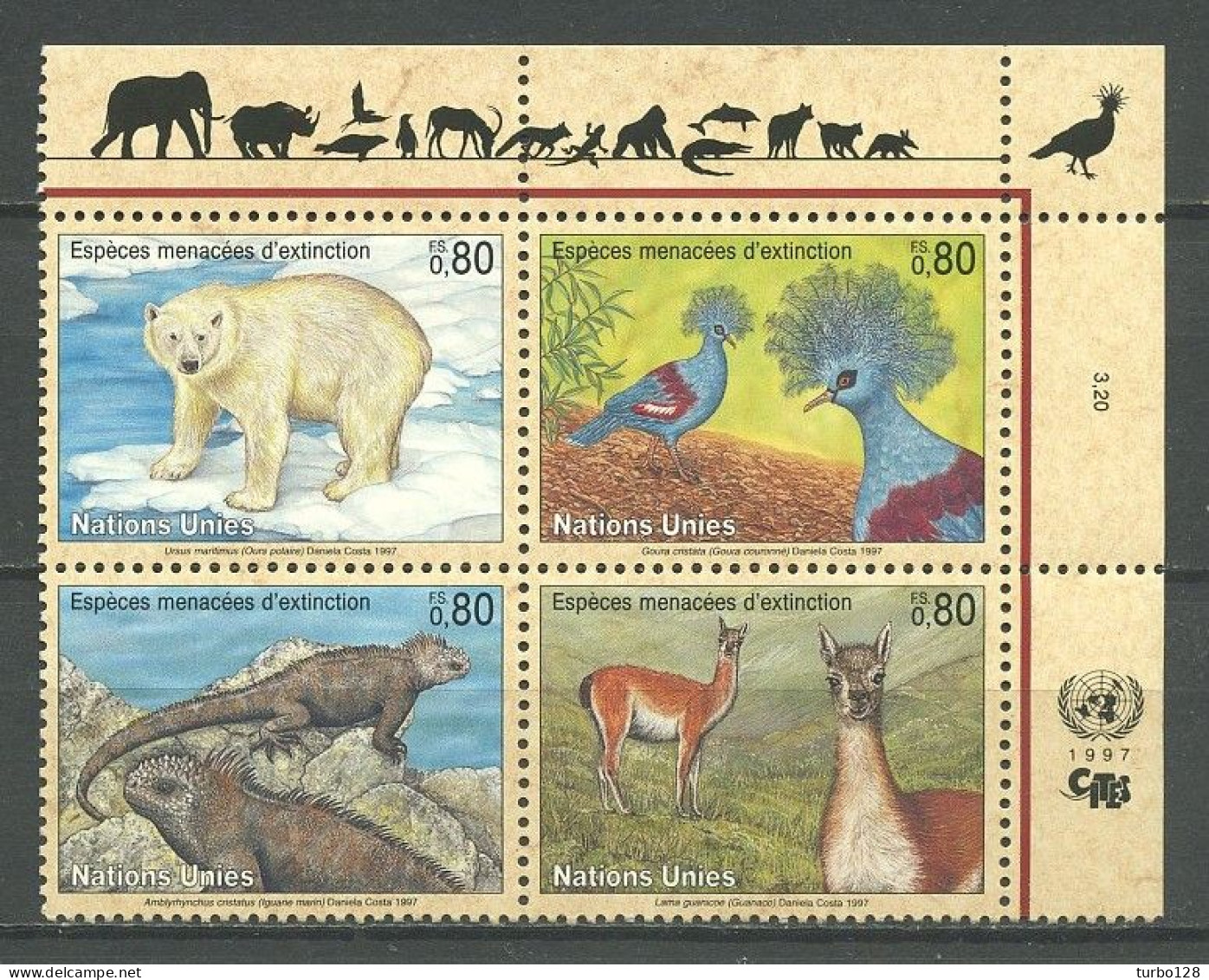N.U. GENEVE 1997 N° 325/328 ** Neufs MNH Superbes C 8 € Faune Animaux Oiseaux Birds Goura Ours Iguane Guanaco - Unused Stamps