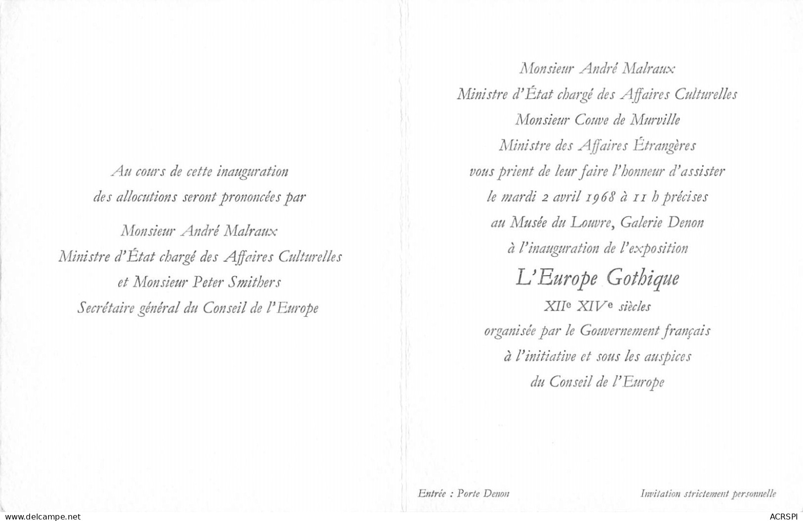 Musée Du LOUVRE Carton D'invitation Inauguration D'exposition Malraux Ministre Couve De Murville Smithers N° 46 \MO7016 - Musées