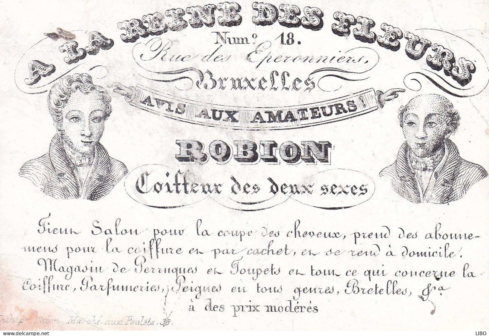 BRUXELLES Coiffeur ROBION Rue Des Eperonniers 18 A LA REINE DES FLEURS Carte Porcelaine Vers 1850-1860 - Porzellan