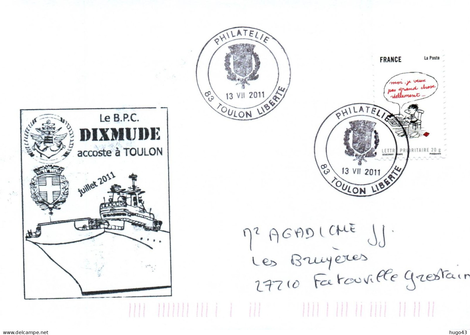 ENVELOPPE AVEC CACHET BPC DIXMUDE ACCOSTE A TOULON - LE 13/07/2011 - BEAU TIMBRE - Naval Post