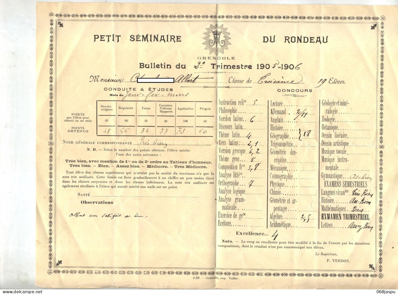 Lettre Cachet Grenobme + Bulletin  Petit Seminaire Rondeau - Bolli Manuali