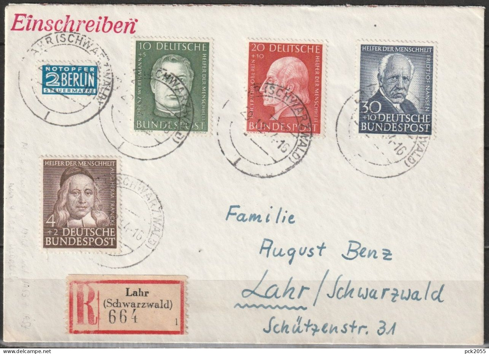 BRD 1953/54 MiNr.173, 176, 201 - 202 Helfer Der Menschheit Einschreiben  ( D 4821 ) - Briefe U. Dokumente