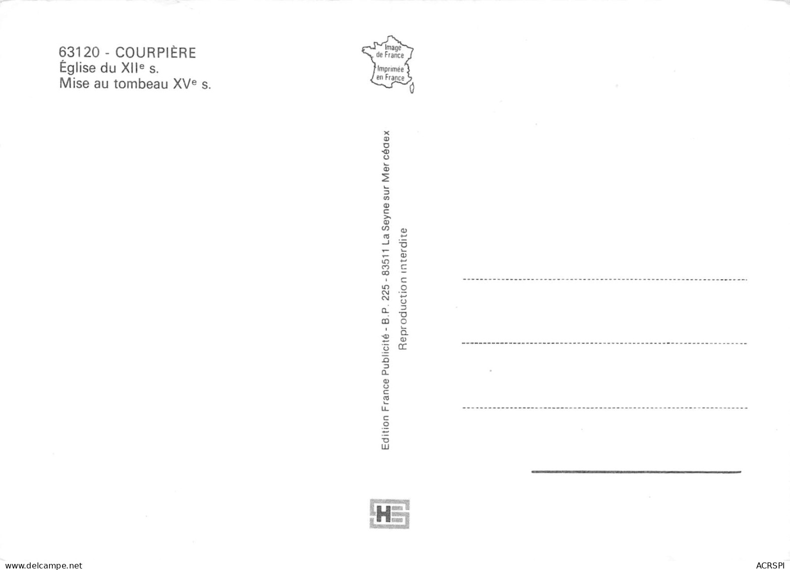 63 COURPIERE église Mise Au Tombeau Carte Vierge Non Circulé édition FP (Scans R/V) N° 3 \MO7038 - Courpiere