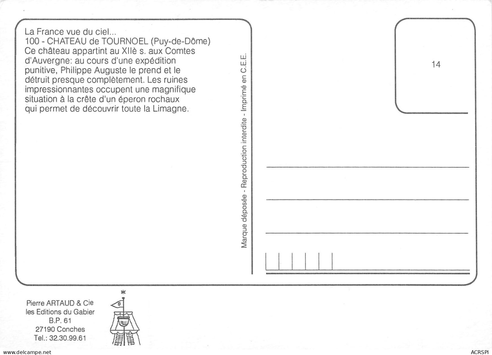 63 Volvic Chateau De Tournöel Vue Aérienne Carte Vierge Non Circulé éditions Artaud (Scans R/V) N° 31 \MO7038 - Volvic