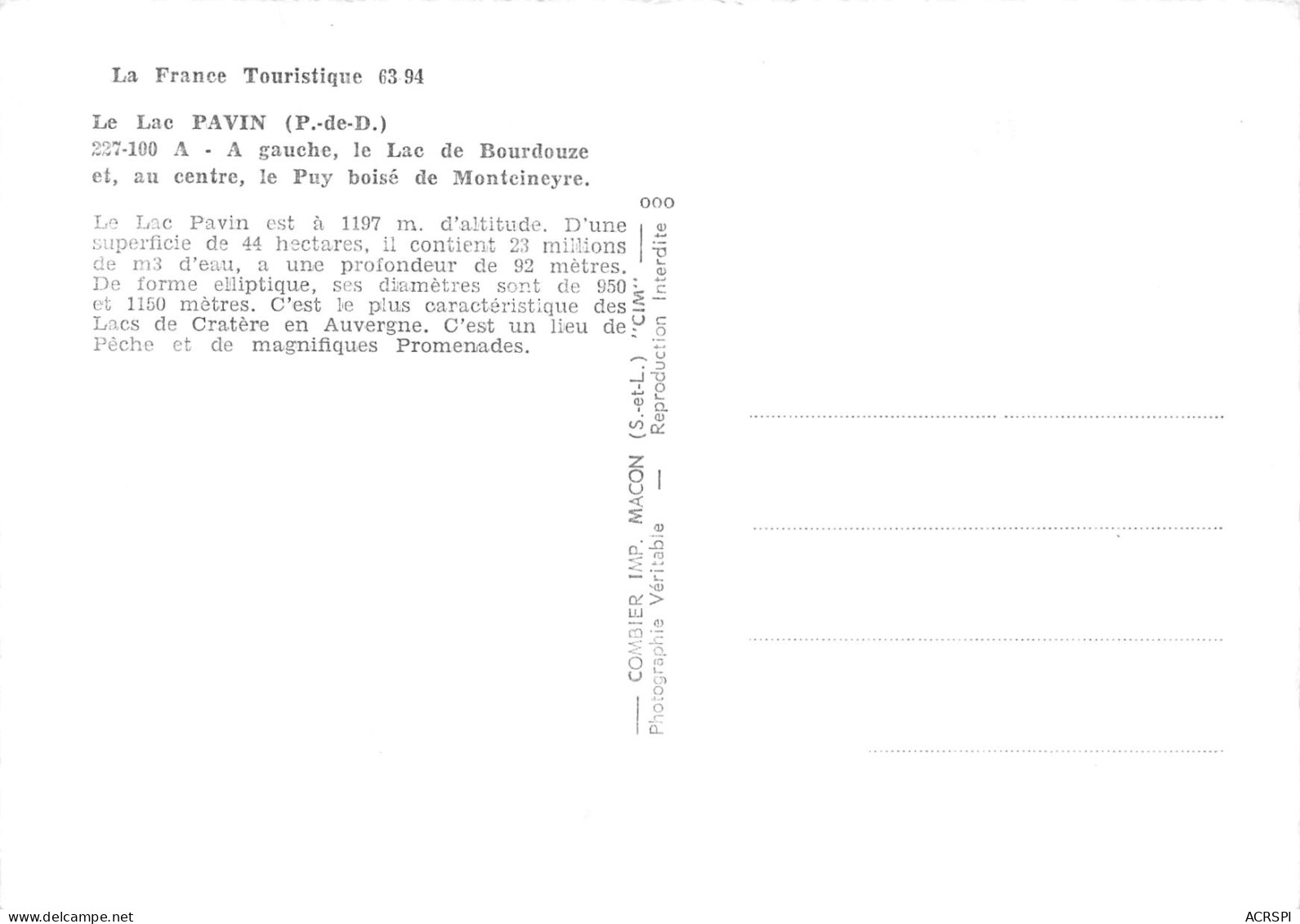 63  BESSE Le Lac PAVIN   Carte Vierge Non Circulé  (Scans R/V) N° 34 \MO7039 - Besse Et Saint Anastaise