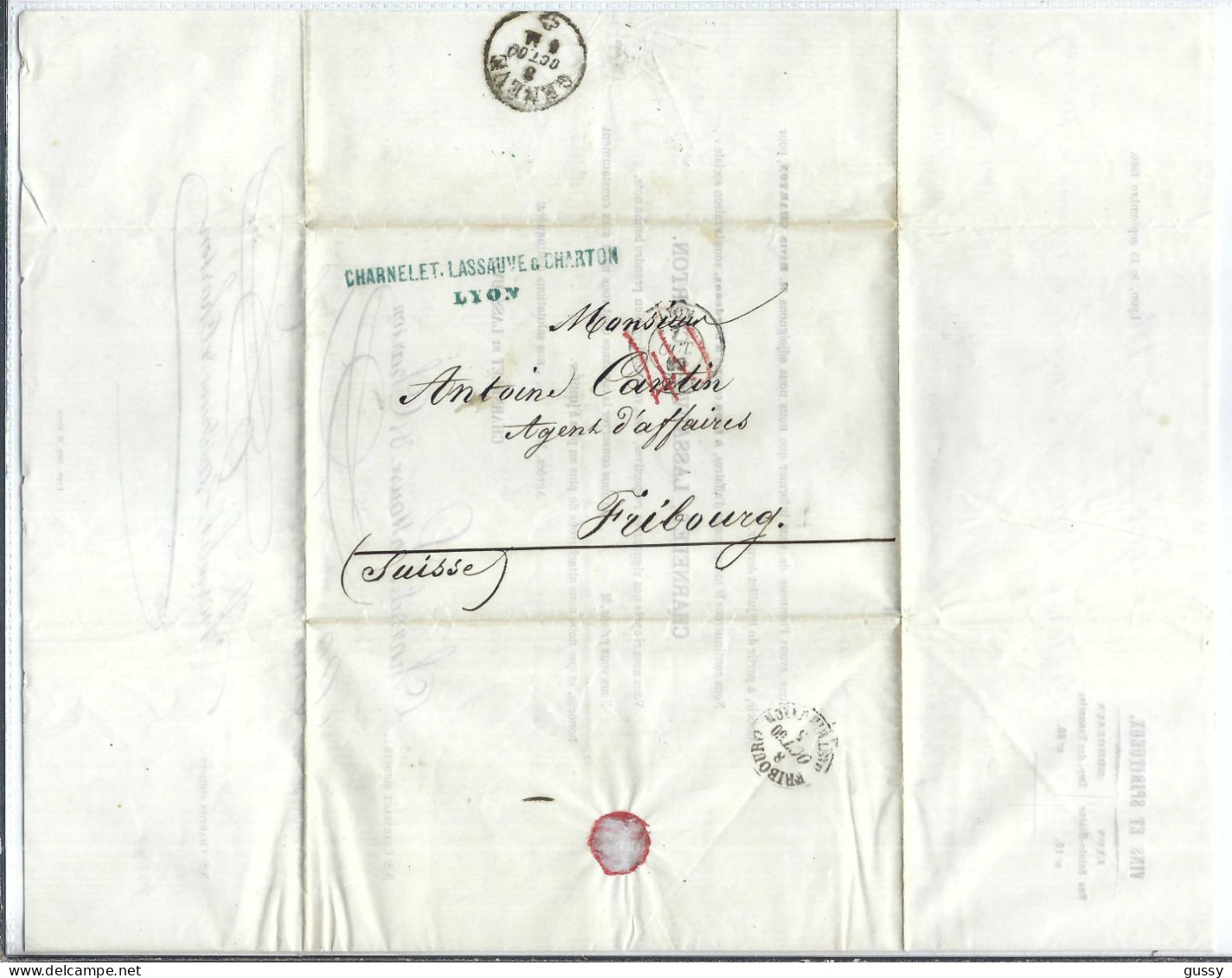 FRANCE Préphilatélie 1860: LAC De Lyon (Rhône) Pour Fribourg (Suisse) Taxée 40c - 1801-1848: Precursori XIX