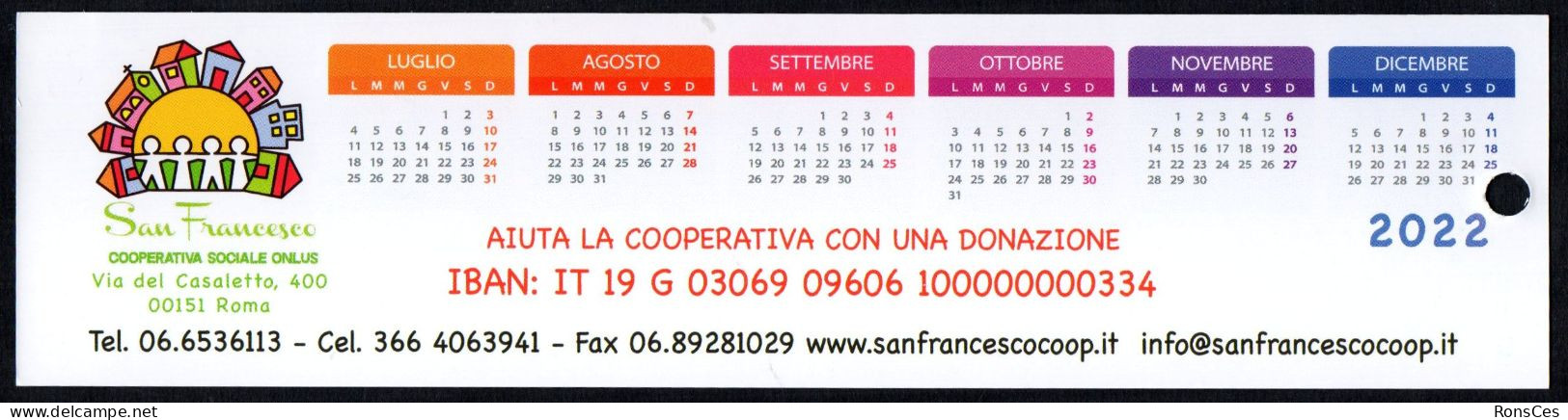 ITALIA - SEGNALIBRO / BOOKMARK / CALENDARIO 2022 - COOPERATIVA SAN FRANCESCO ONLUS - I - Marque-Pages