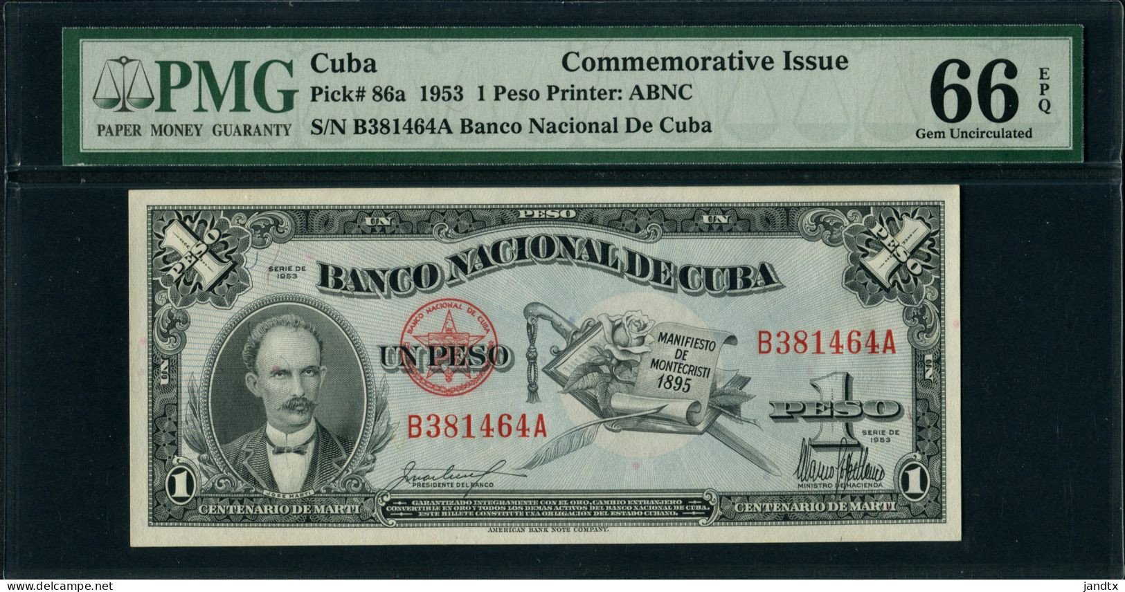 CUBA 1 PESO 1953 CONMEMORATIVO ALTO GRADO PMG 66 EPQ - Cuba