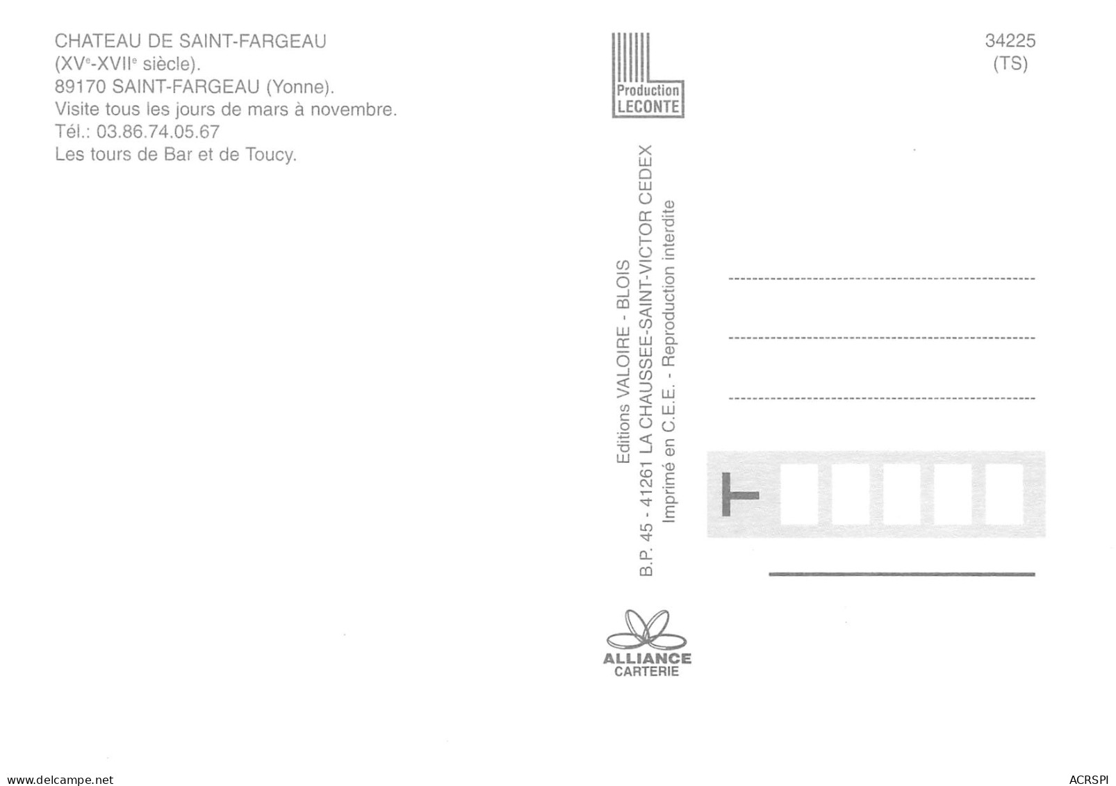 89 SAINT FARGEAU Le Chateau Tours De Bar Et De Toucy  Non Circulé éditions Valoire (Scans R/V) N° 54 \MO7045 - Saint Fargeau