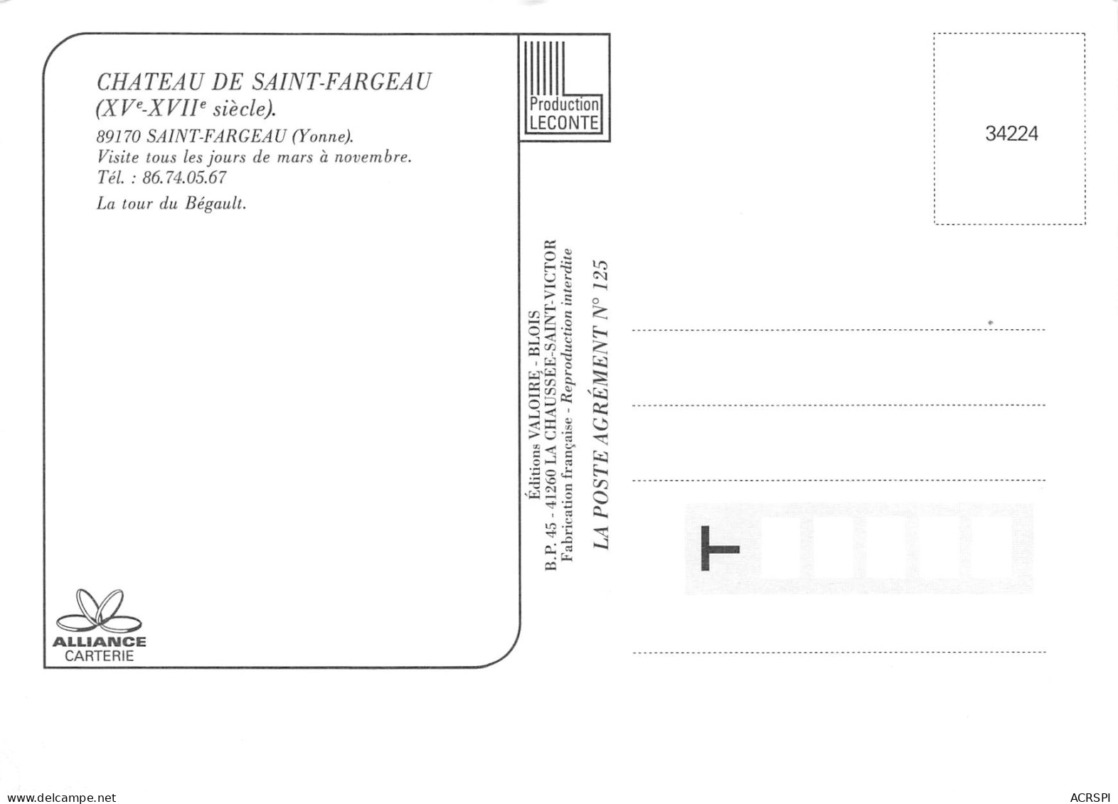 89 SAINT FARGEAU La Tour Du Bégault Carte Vierge Non Circulé éditions Valoire (Scans R/V) N° 63 \MO7045 - Saint Fargeau