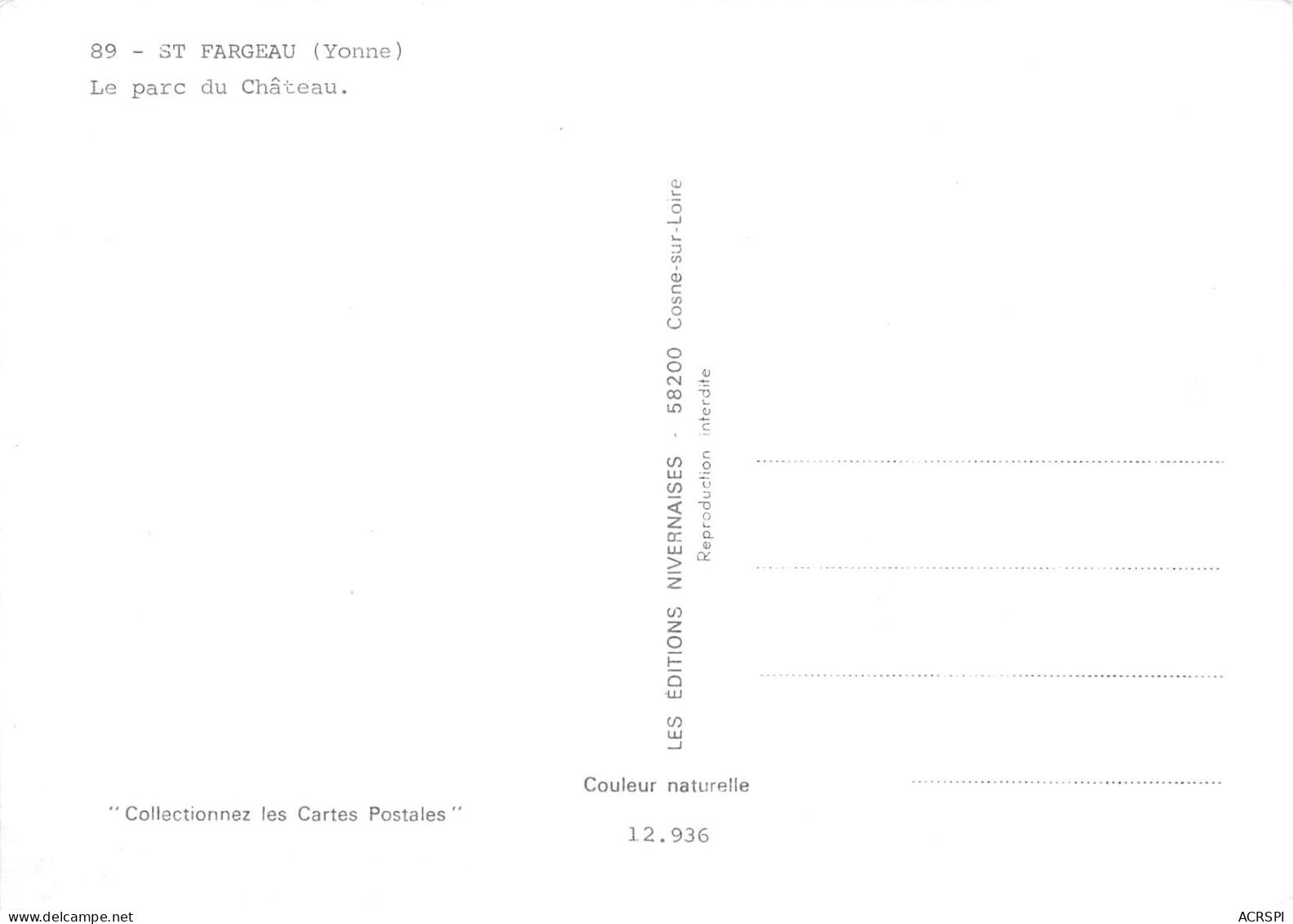 89 SAINT FARGEAU Le Chateau Le Parc Carte Vierge Non Circulé éditions Nivernaises (Scans R/V) N° 67 \MO7045 - Saint Fargeau