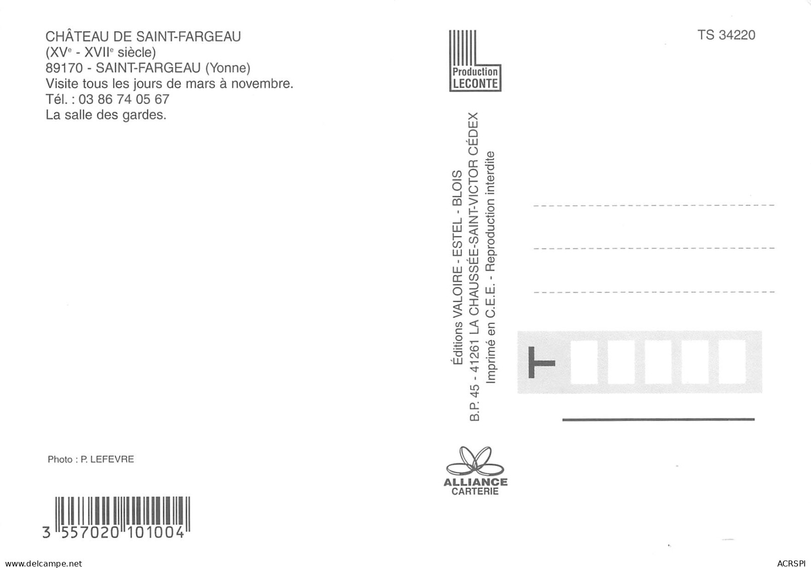 89 SAINT FARGEAU La Salle Des Gardes Du Chateau Carte Non Circulé éditions Valoire (Scans R/V) N° 76 \MO7045 - Saint Fargeau