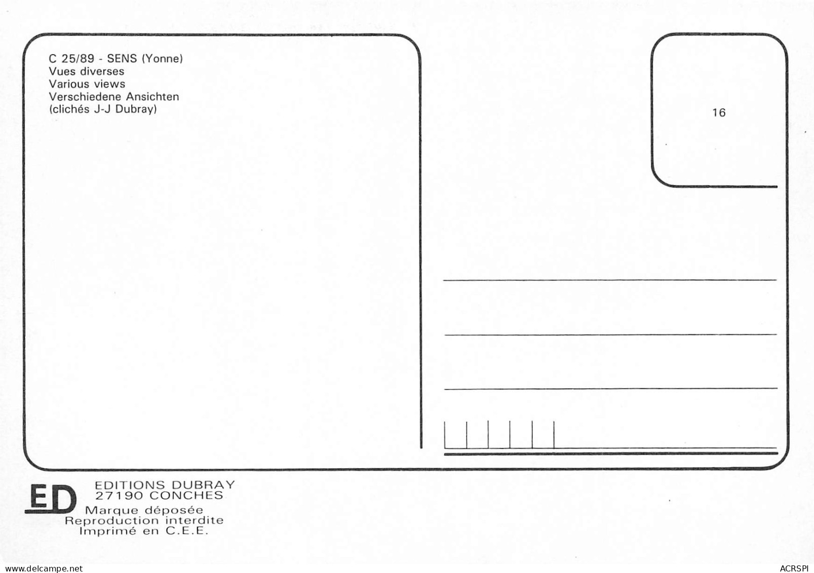 89 SENS Divers Vues  Carte Vierge Non Circulé éditions DUBRAY (Scans R/V) N° 32 \MO7046 - Sens