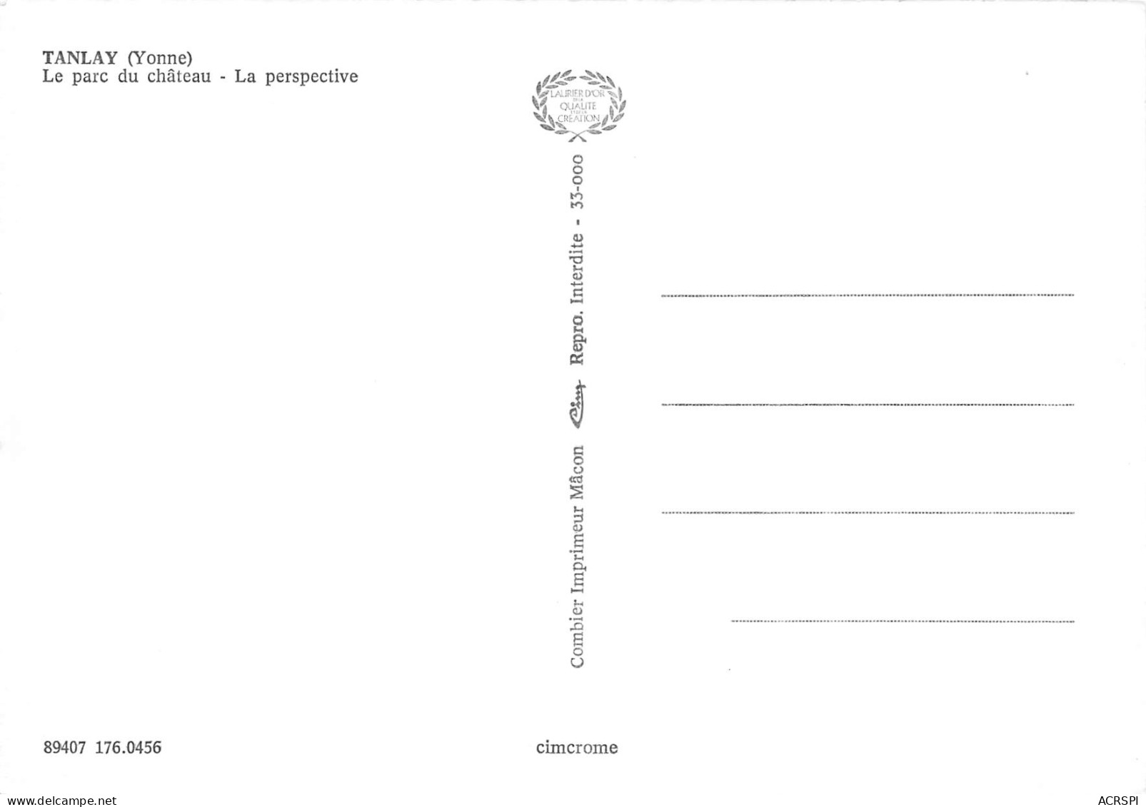 89 TANLAY Le Parc Du Chateau  Carte Vierge Non Circulé édition Valloire (Scans R/V) N° 68 \MO7046 - Tanlay