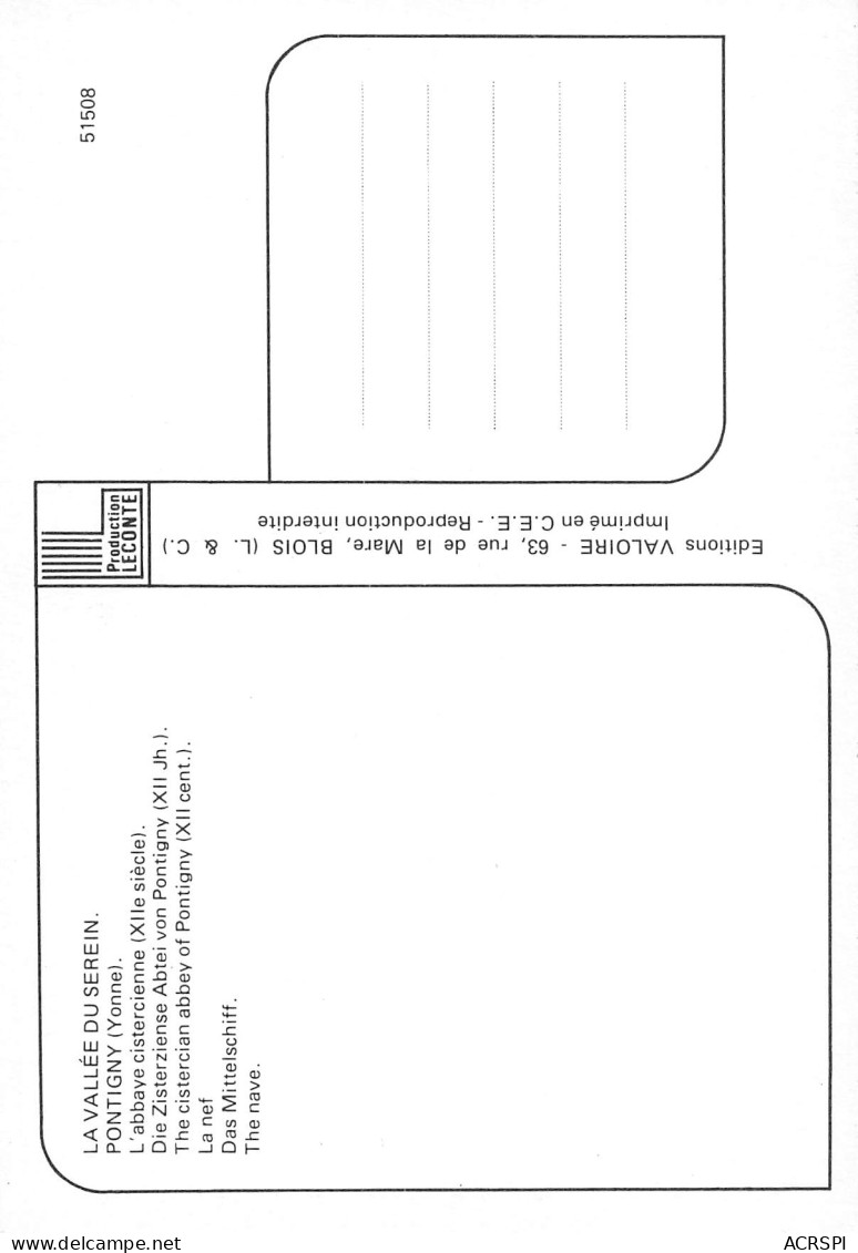 89 PONTIGNY  Intérieur De L'abbaye Cistércienne   Carte Vierge Non Circulé éd Valoire (Scans R/V) N° 58 \MO7049 - Pontigny