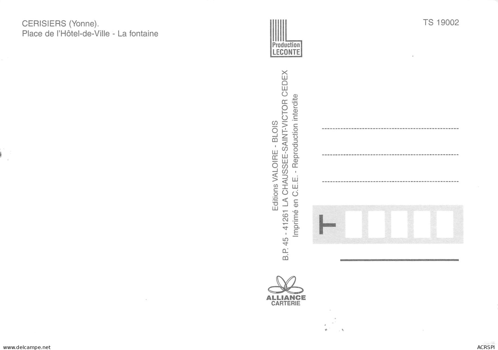 89 CERISIERS Divers Vues Place De La Mairie Et Fontaine  Carte Vierge édition Valoire (Scans R/V) N° 82 \MO7049 - Cerisiers