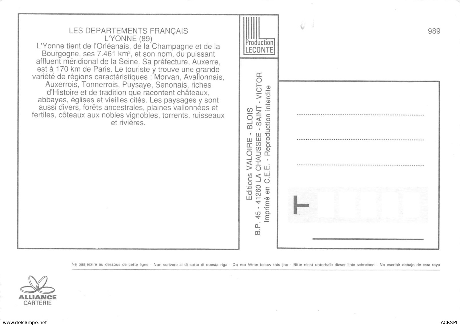 89 Carte Map Plan Du Département De L'Yonne Carte Vierge édition Valoire (Scans R/V) N° 37  \MO7050 - Migennes