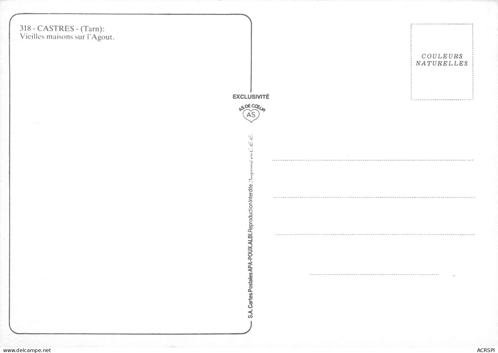 81 CASTRES Maisons Sur L'Agout Carte Vierge Non Circulé édition AS (Scans R/V) N° 26 \MO7051 - Castres