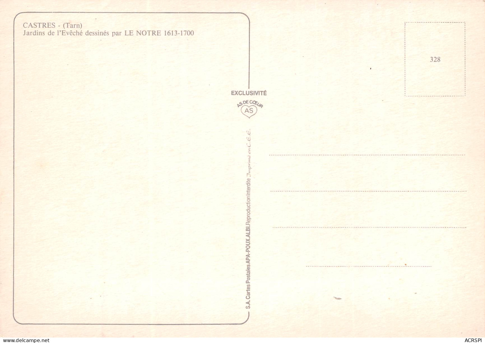 81 CASTRES Jardins De L'évêché Dessinés Par LE NOTRE Carte Vierge Non Circulé édition AS (Scans R/V) N° 40 \MO7051 - Castres