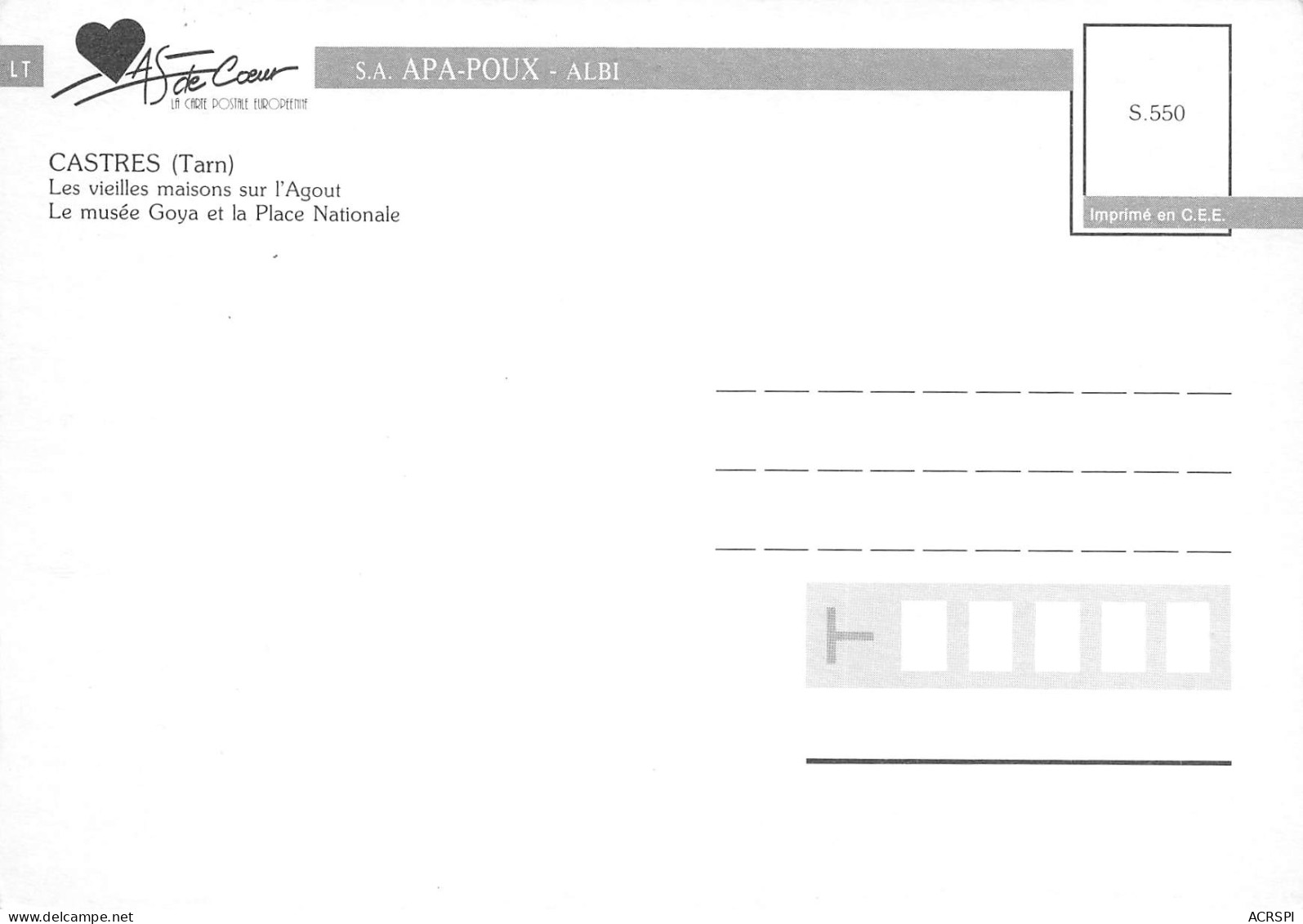 81 CASTRES Une Jonque Sur L'Agout Carte Vierge Non Circulé édition APA-POUX (Scans R/V) N° 54 \MO7051 - Castres