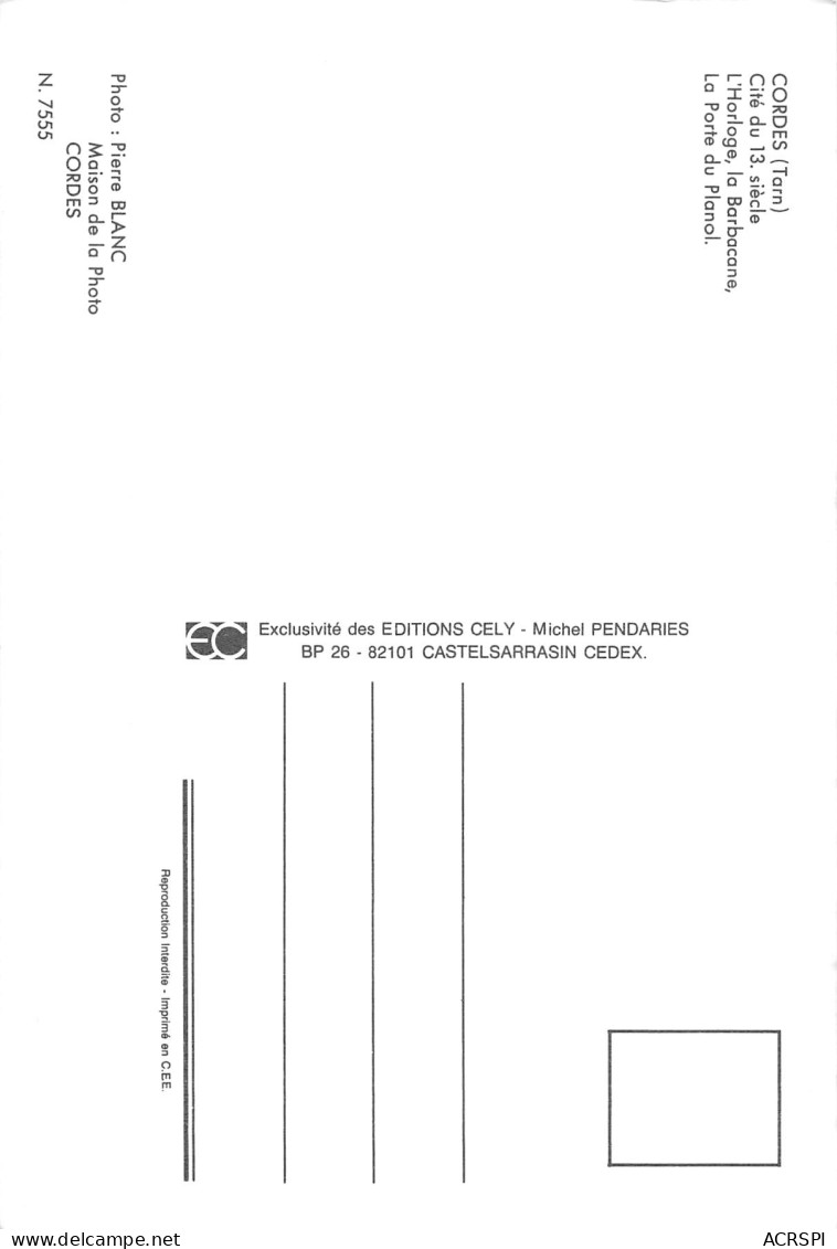 81 CORDES SUR CIEL Vue Partiel Carte Vierge  édition CELY (Scans R/V) N° 7 \MO7052 - Cordes