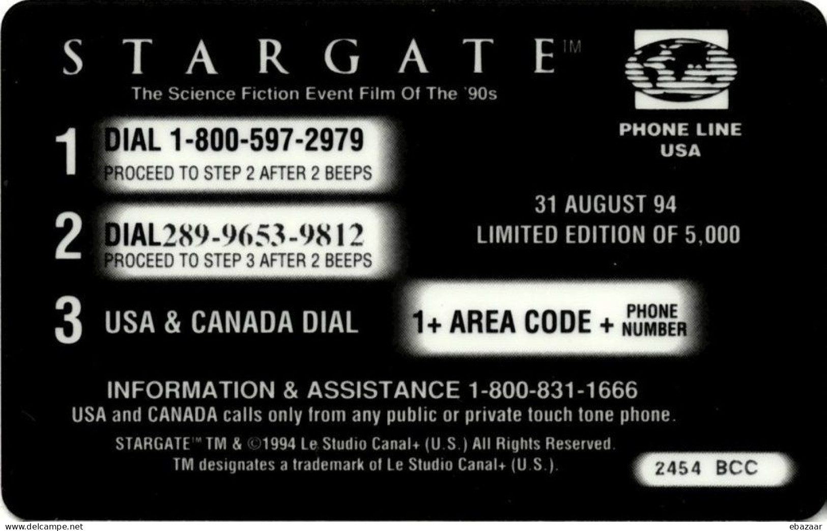 USA 1994 Stargate Movie 5 Minutes Prepaid Phonecard Limited Edition Of 5000 - Altri & Non Classificati
