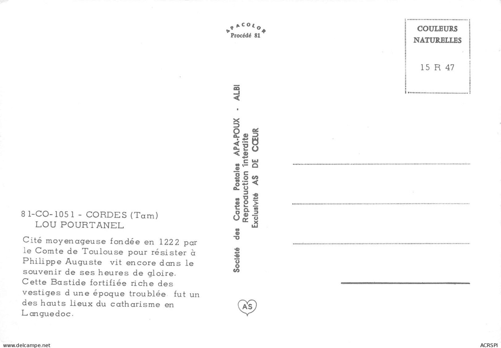 81 Cordes-sur-Ciel  LOU POURTANEL Carte Vierge édition Apa-Poux Albi  (Scans R/V) N° 36 \MO7052 - Cordes