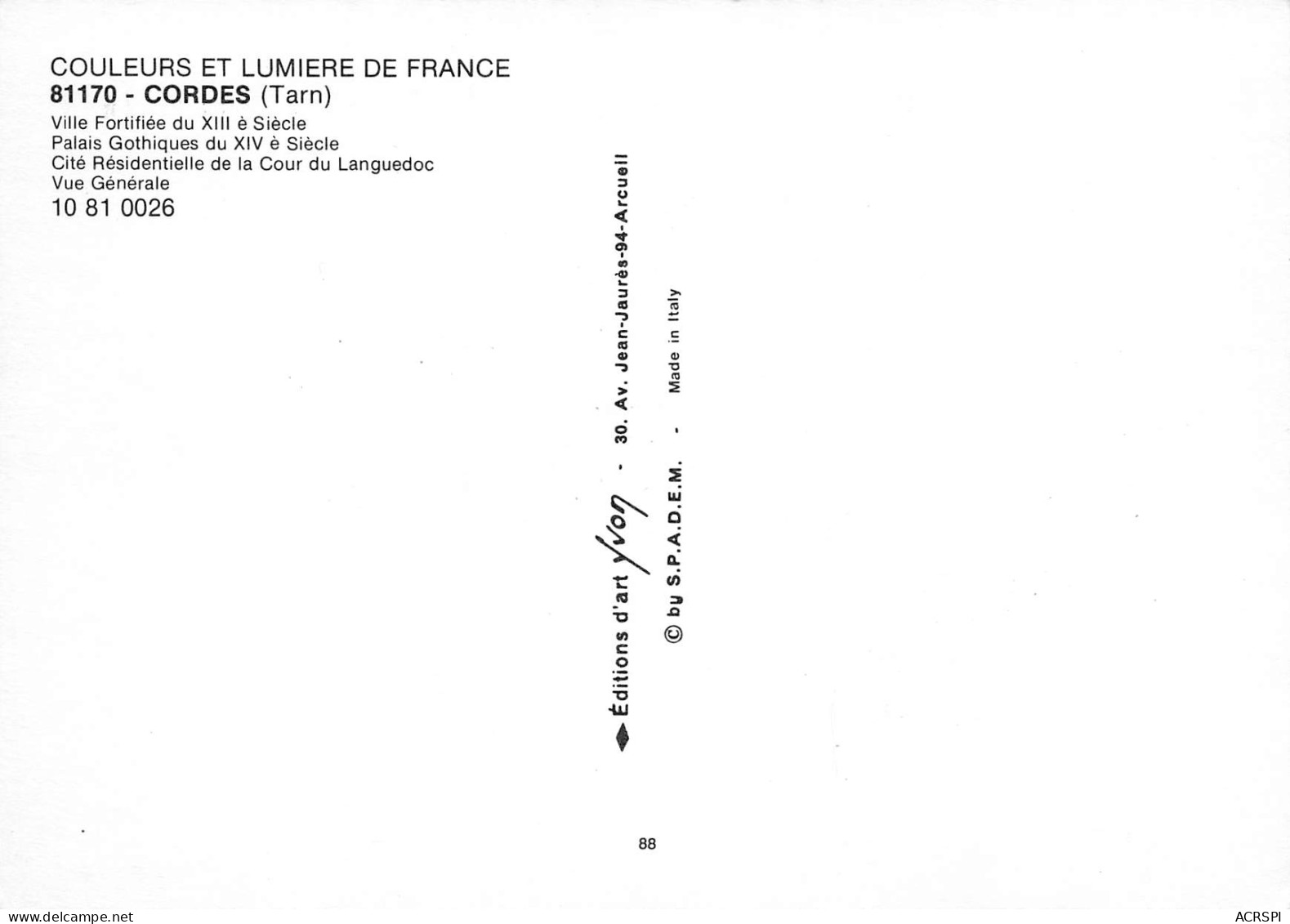 81 CORDES Sur CIEL Vue  Générale Carte Vierge Non Circulé édition Yvon (Scans R/V) N° 24 \MO7053 - Cordes