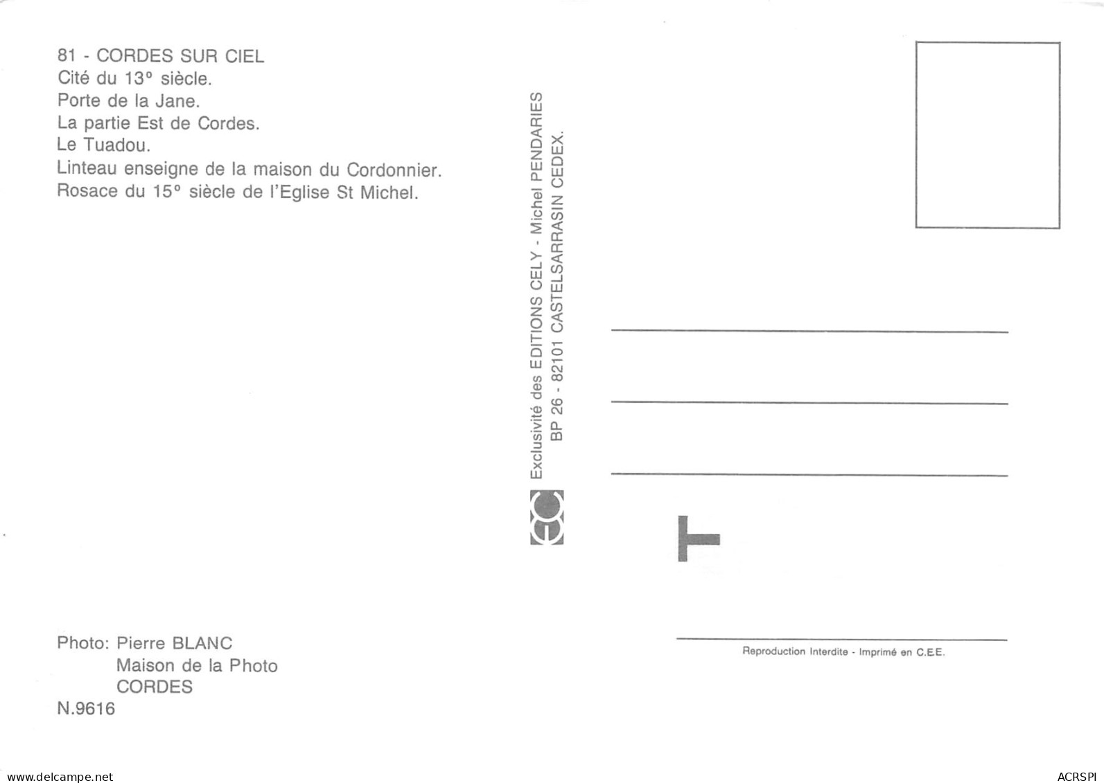 81 CORDES Sur CIEL Multivue Carte Vierge Non Circulé édition CELY  (Scans R/V) N° 49 \MO7053 - Cordes