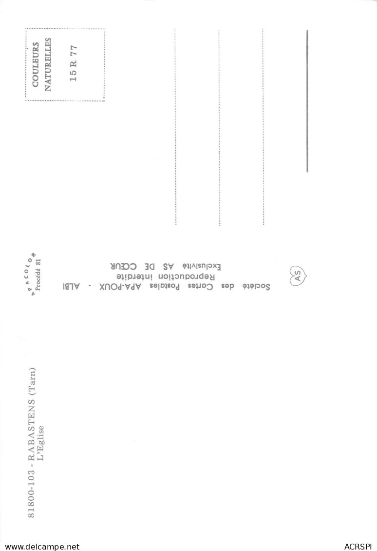 81 RABASTENS  L'église  Carte Vierge Non Circulé éditions Apa-Poux (Scans R/V) N° 16 \MO7054 - Rabastens