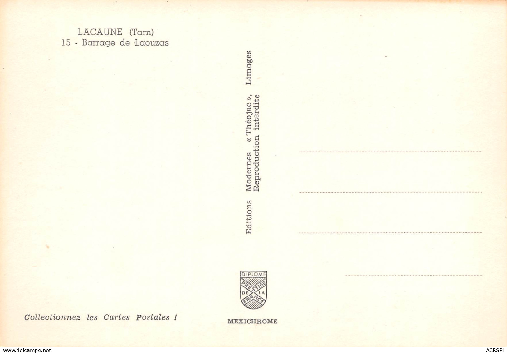 81 Barrage Du LAOUZAS Prés De LACAUNE Nages Angles Et Brassac Carte Vierge  éditions IRIS  (Scans R/V) N° 19 \MO7054 - Angles