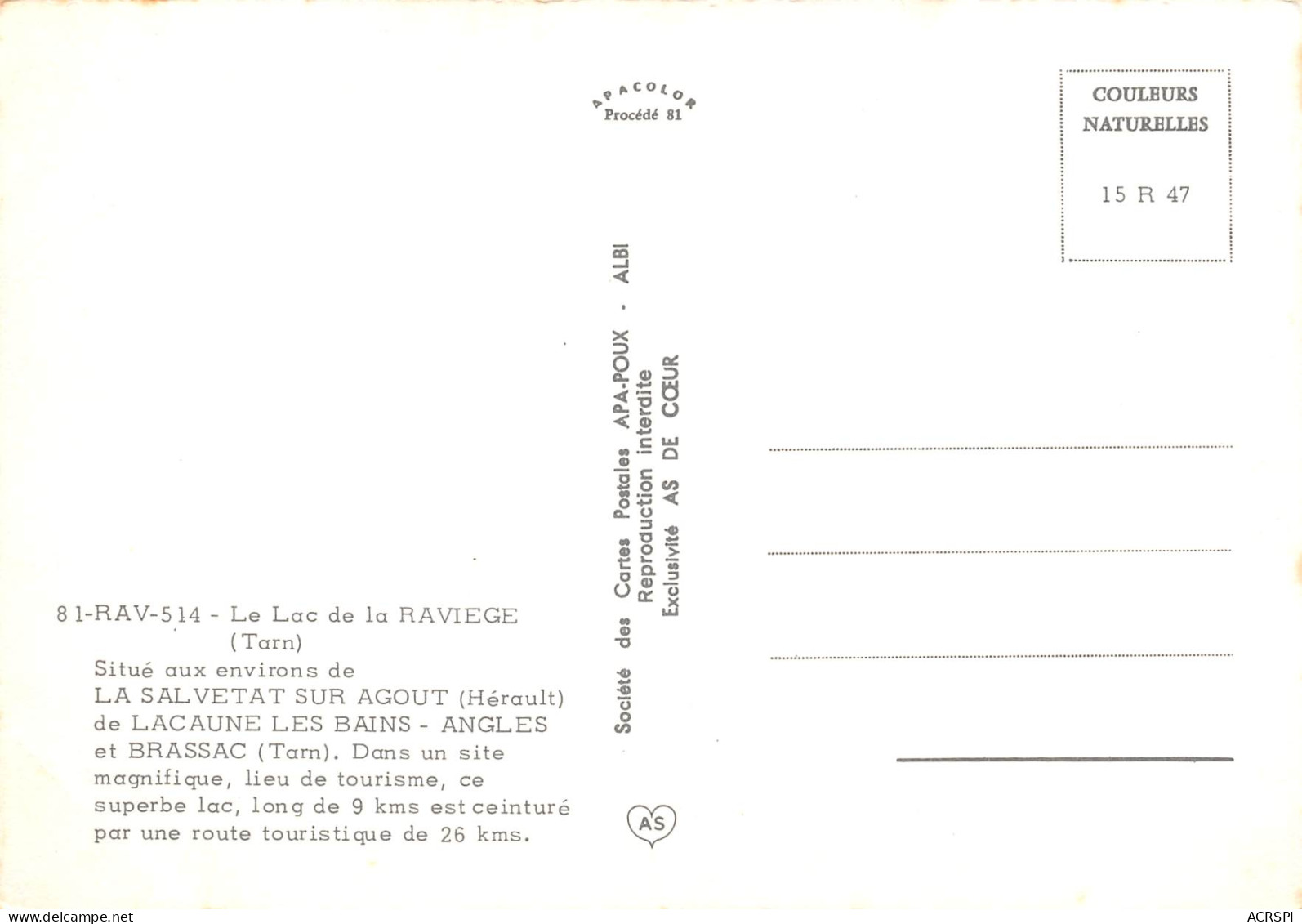 81 Lac De RAVIEGE Près De LACAUNE ANGLES Et La Salvetat Carte Vierge Non Circulé édition AS (Scans R/V) N° 2 \MO7055 - Brassac