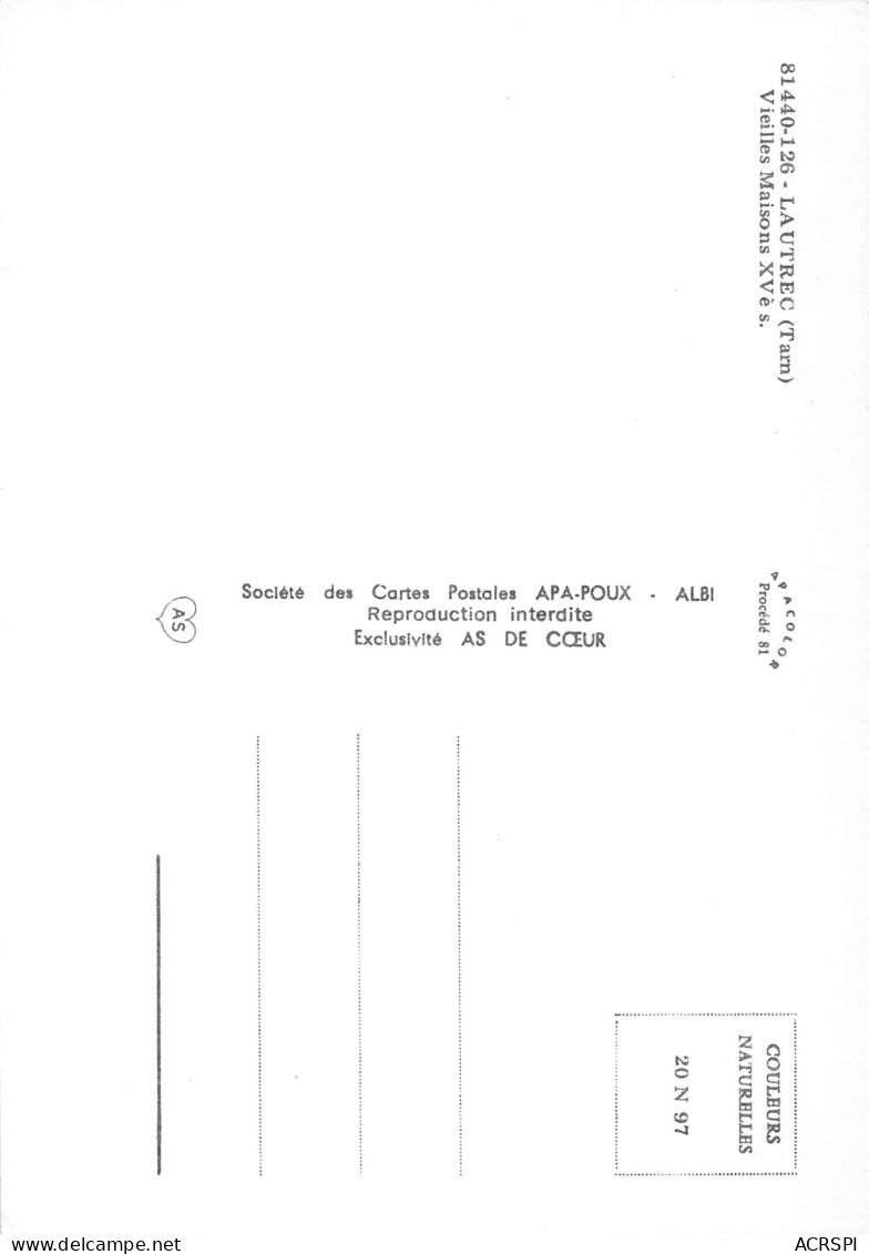 81 LAUTREC Vieilles Maisons Carte Vierge Non Circulé édition Apa-Poux Albi (Scans R/V) N° 11 \MO7055 - Lautrec