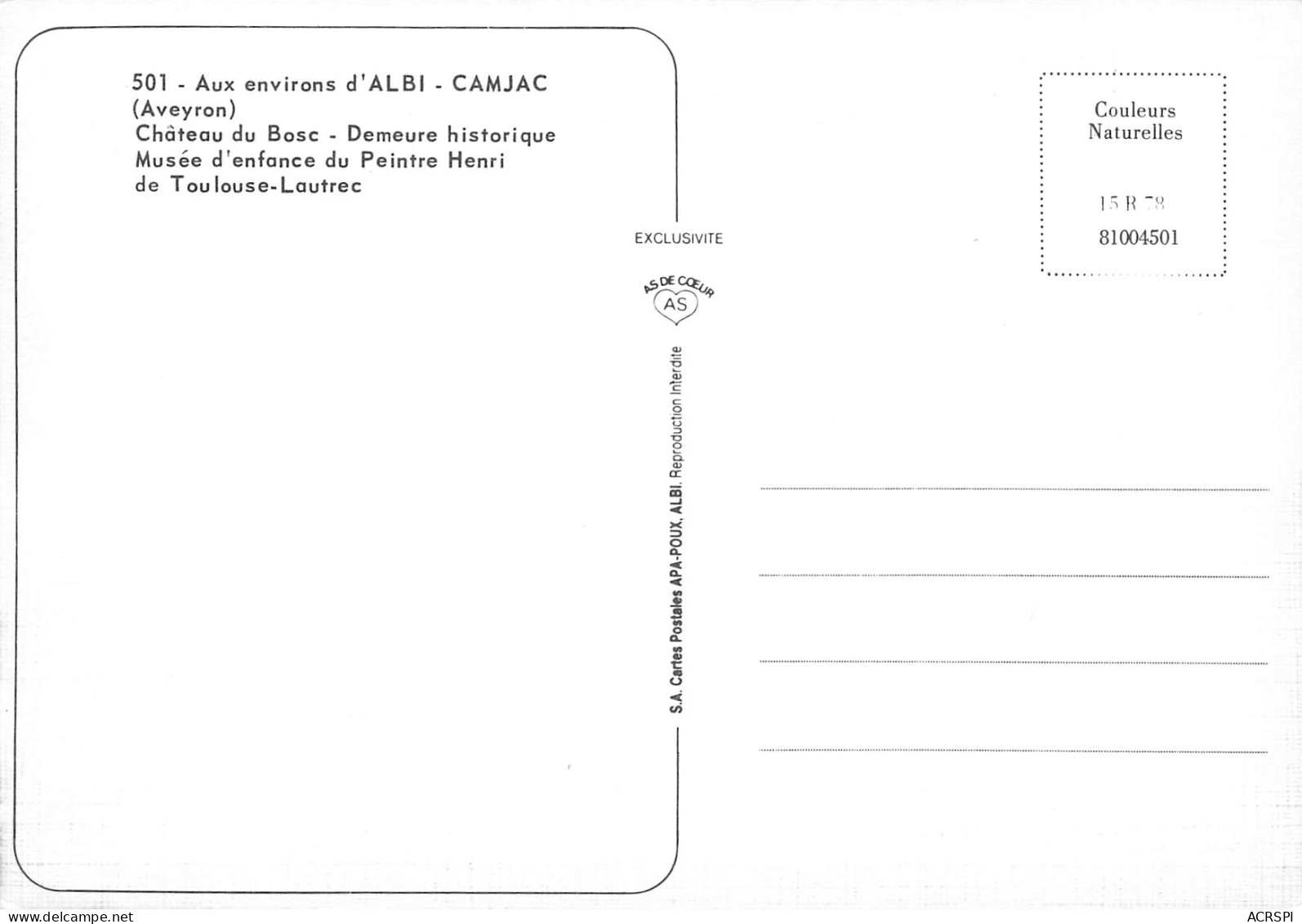 81  Camjac  Château Du Bosc Entre ALBI Et NAUCELLE Carte Vierge édition Apa-Poux (Scans R/V) N° 26 \MO7055 - Rodez