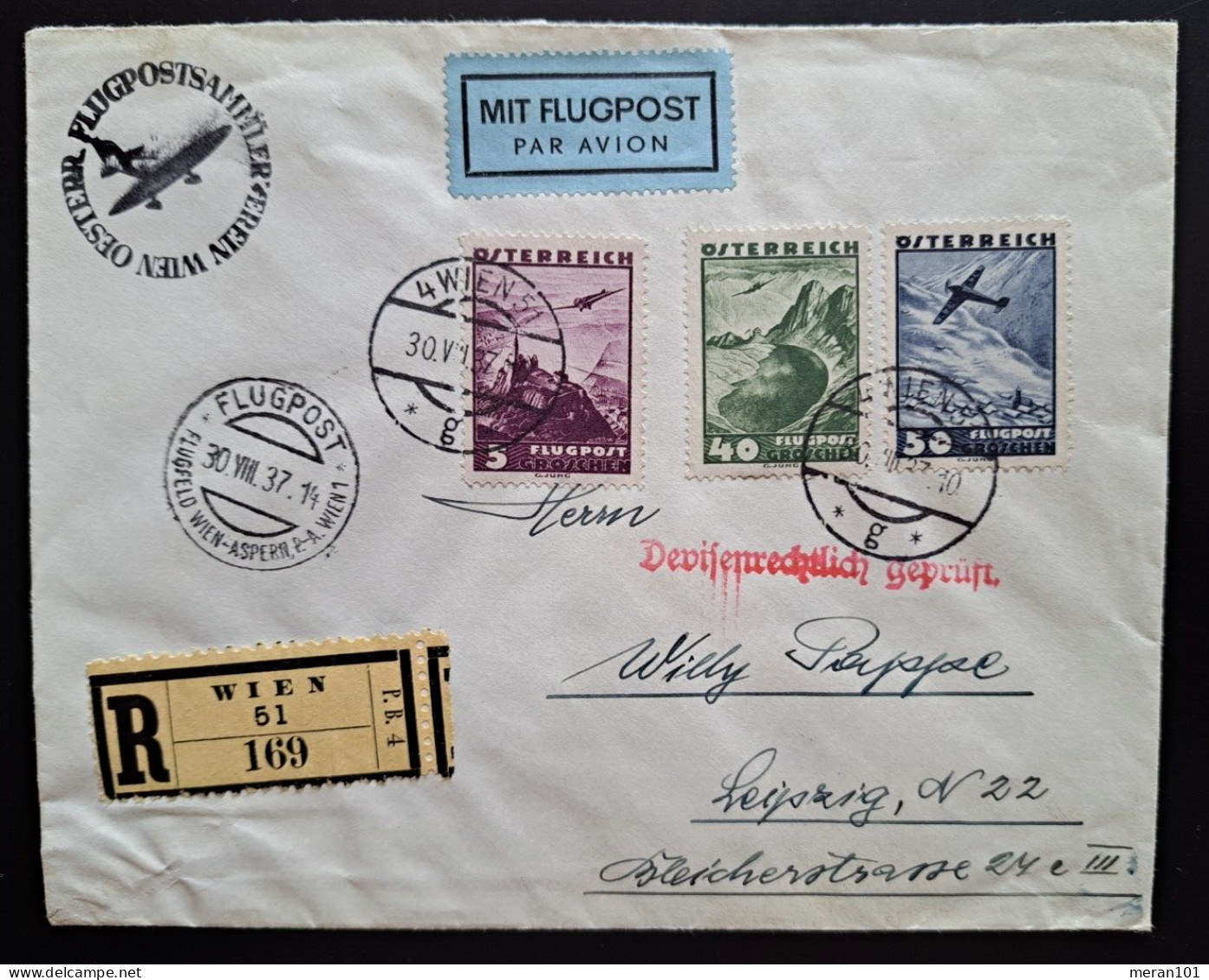 Flugpost 1937, Reko-Brief MiF Wien Nach Leipzig, Zur Devisenüberwachung Geöffnet - Storia Postale