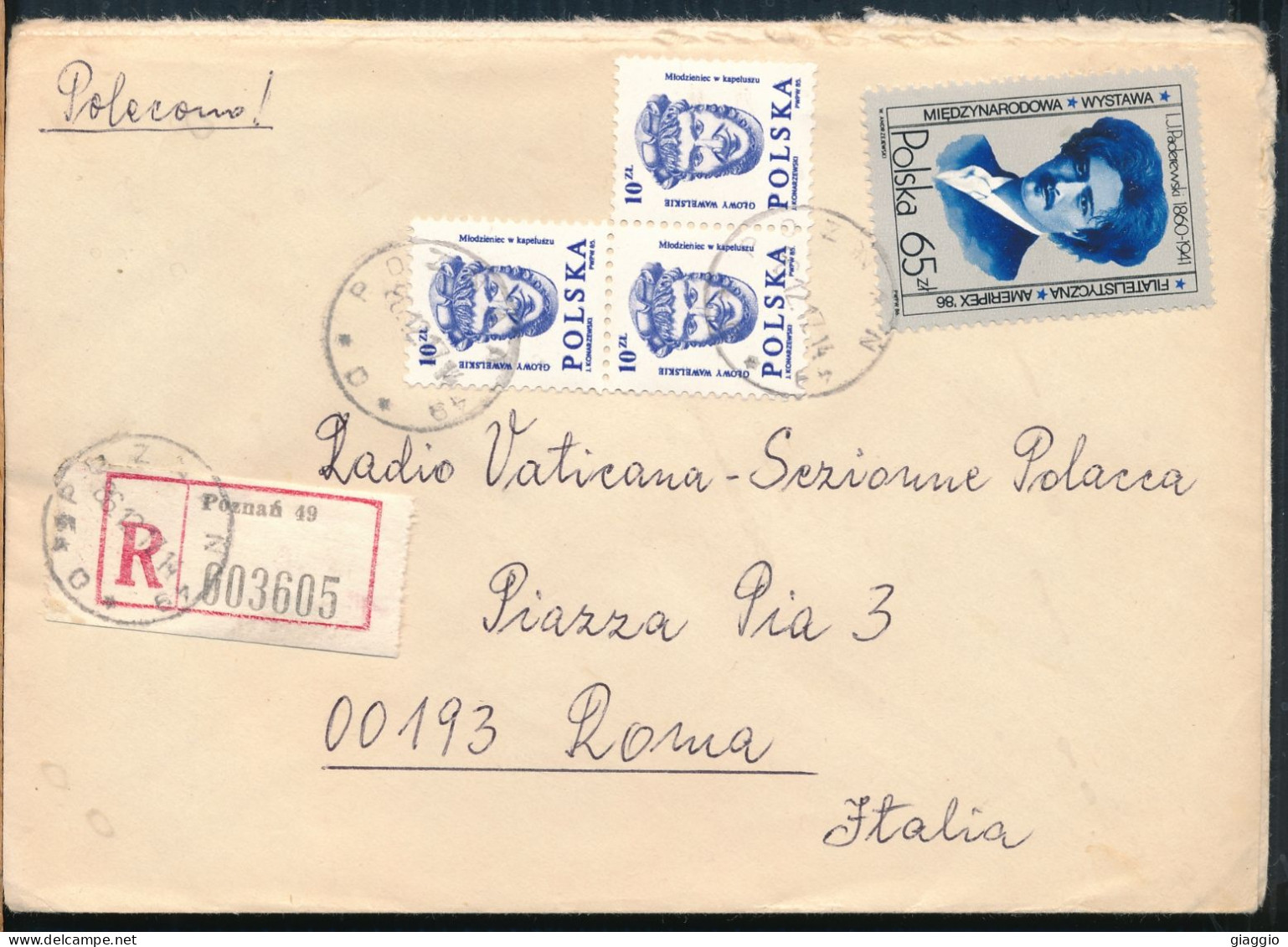 °°° POLAND - REGISTERED LETTER FROM POZNAN TO VATICAN RADIO ROME 1986 °°° - Covers & Documents