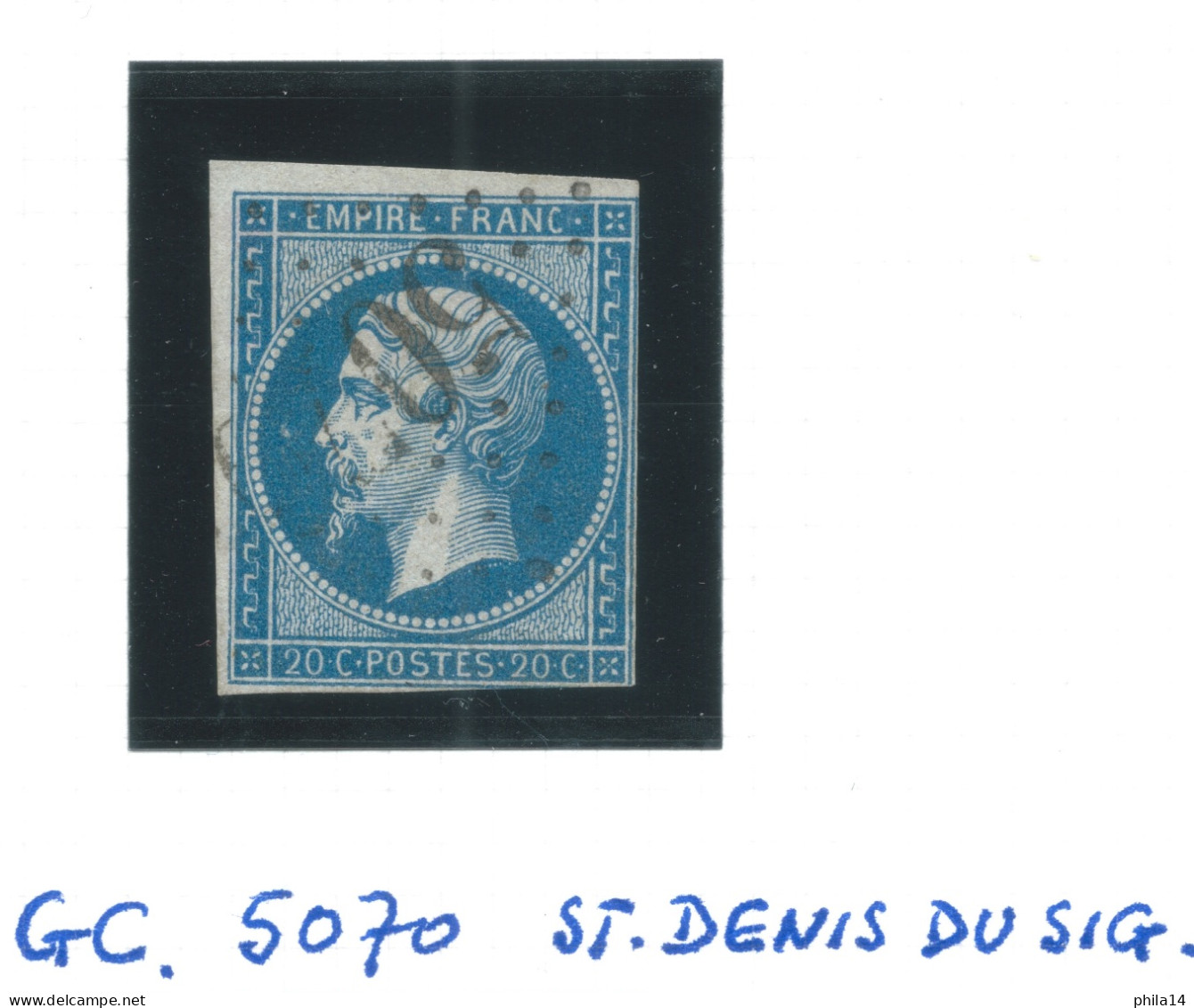 N°14 20c BLEU NAPOLEON TYPE 2 / GC 5070 IND 11 ST DENIS DU SIG ALGERIE - 1853-1860 Napoléon III