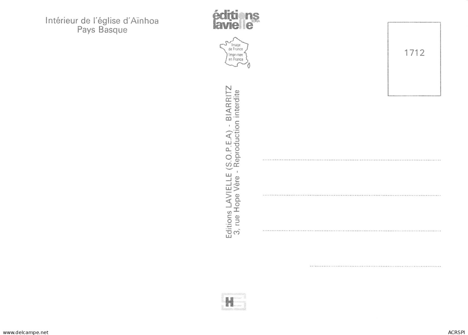 64  AINHOA Intérieur De L'église Carte Vierge Non Circulé éditions Lavielle (Scans R/V) N° 54 \MO7063 - Ainhoa