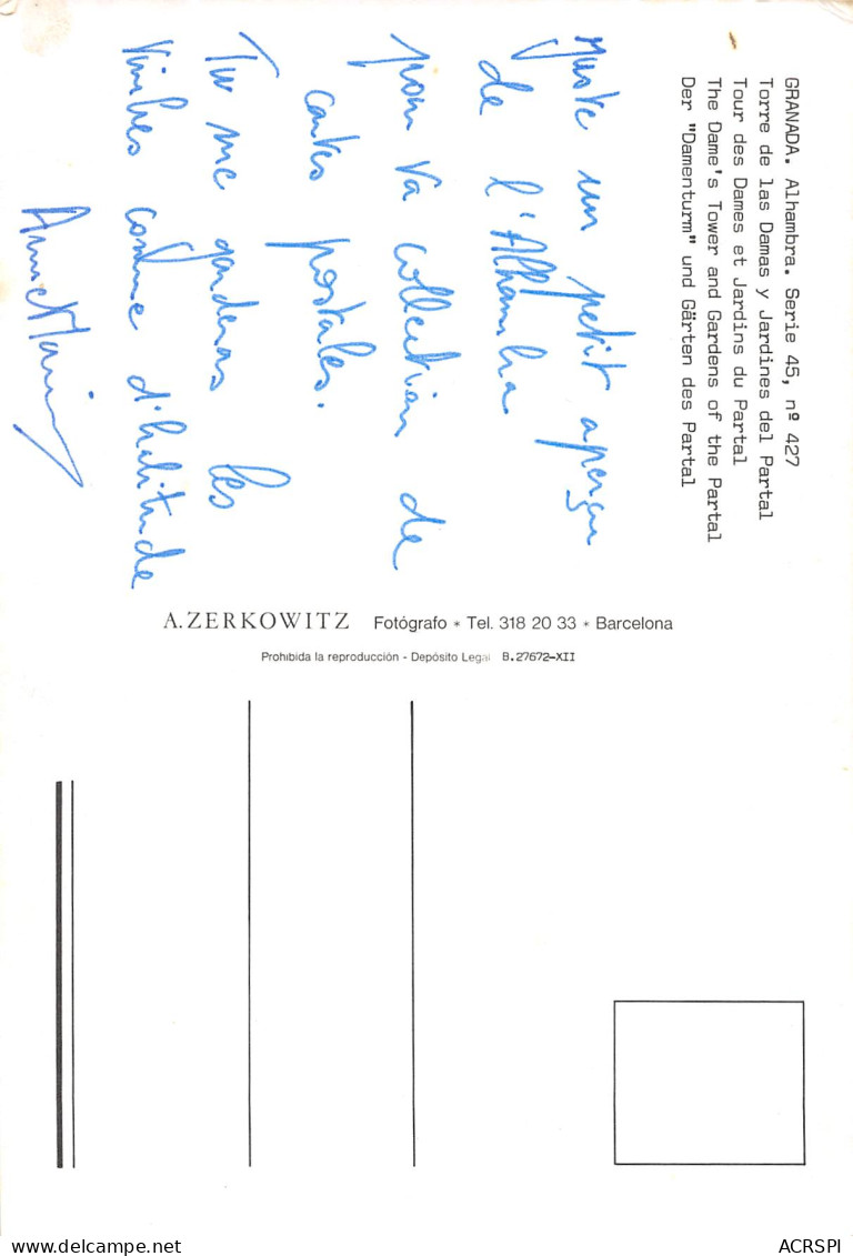 GRANADA Grenade Torre De Las Damas Y Jardines Del Partal Andalousir SPAIN Espagne(Scans R/V) N° 90 \MO7064 - Granada