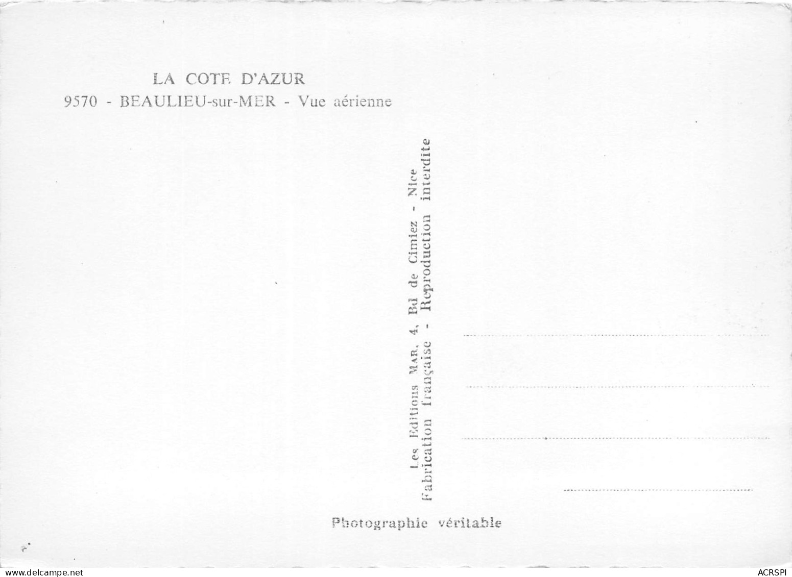 06 BEAULIEU SUR MER Vue Aérienne Carte Vierge Non Circulé édition MAR (Scans R/V) N° 9 \MO7065 - Beaulieu-sur-Mer